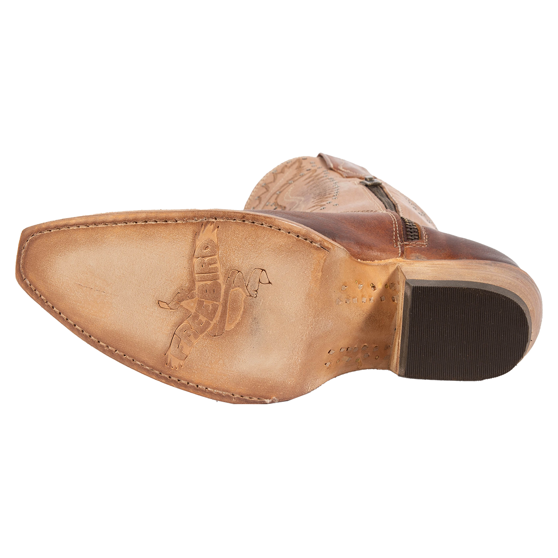 Leather sole imprinted with FREEBIRD on women's Westrose tan boot