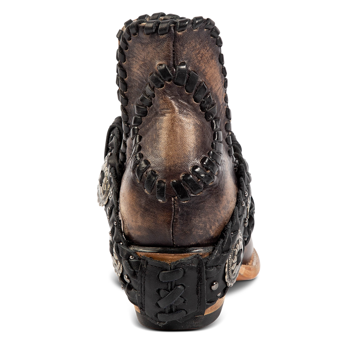Back view showing FREEBIRD women's Whimsical black distressed leather bootie with whip stitch detailing and a braided belt 