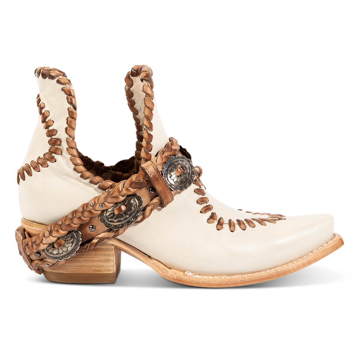 FREEBIRD women's Whimsical off white leather bootie with whip stitch detailing, leather braided belt and snip toe construction
