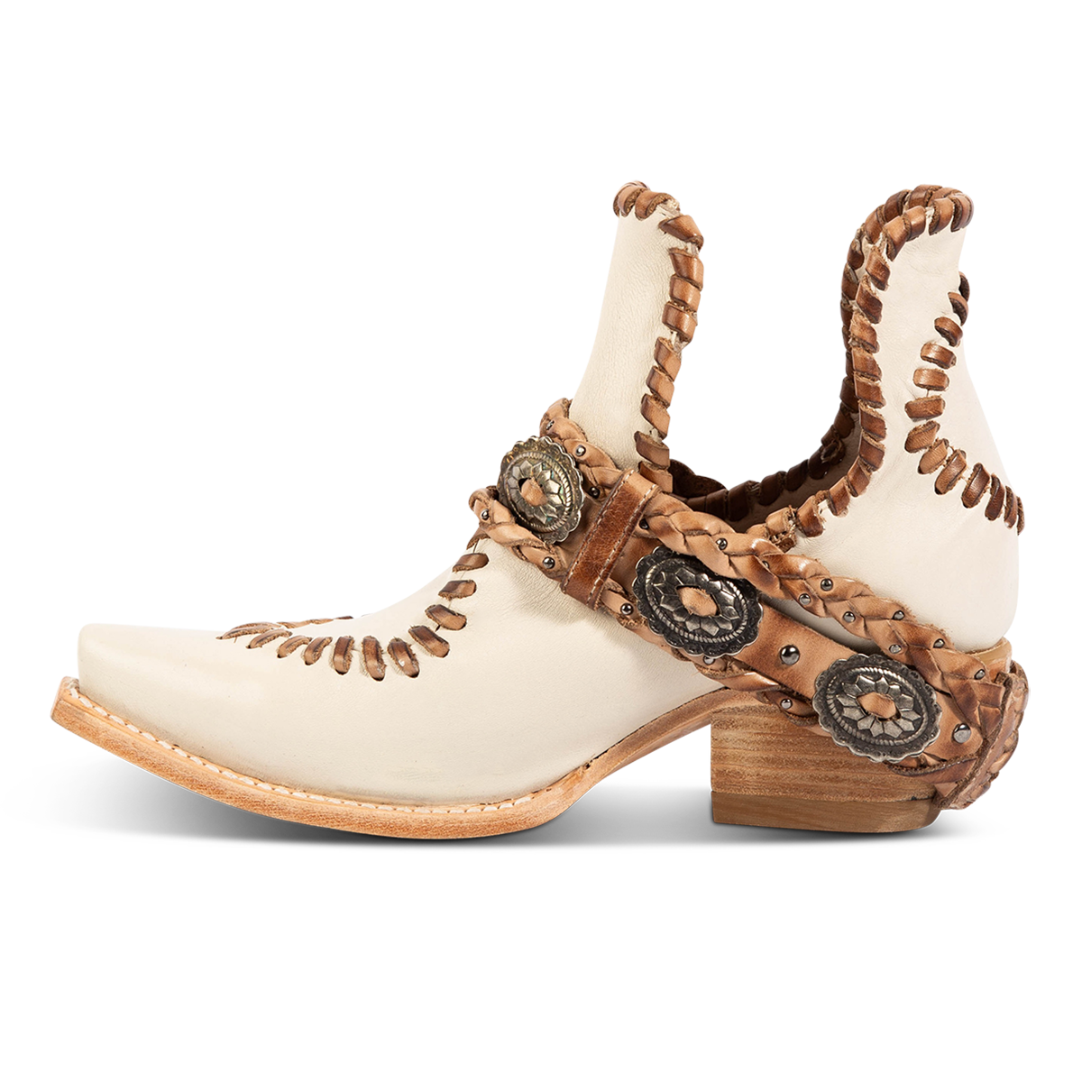 Inside view FREEBIRD women's Whimsical off white leather bootie with a low heel, braided belt and whip stitch detailing