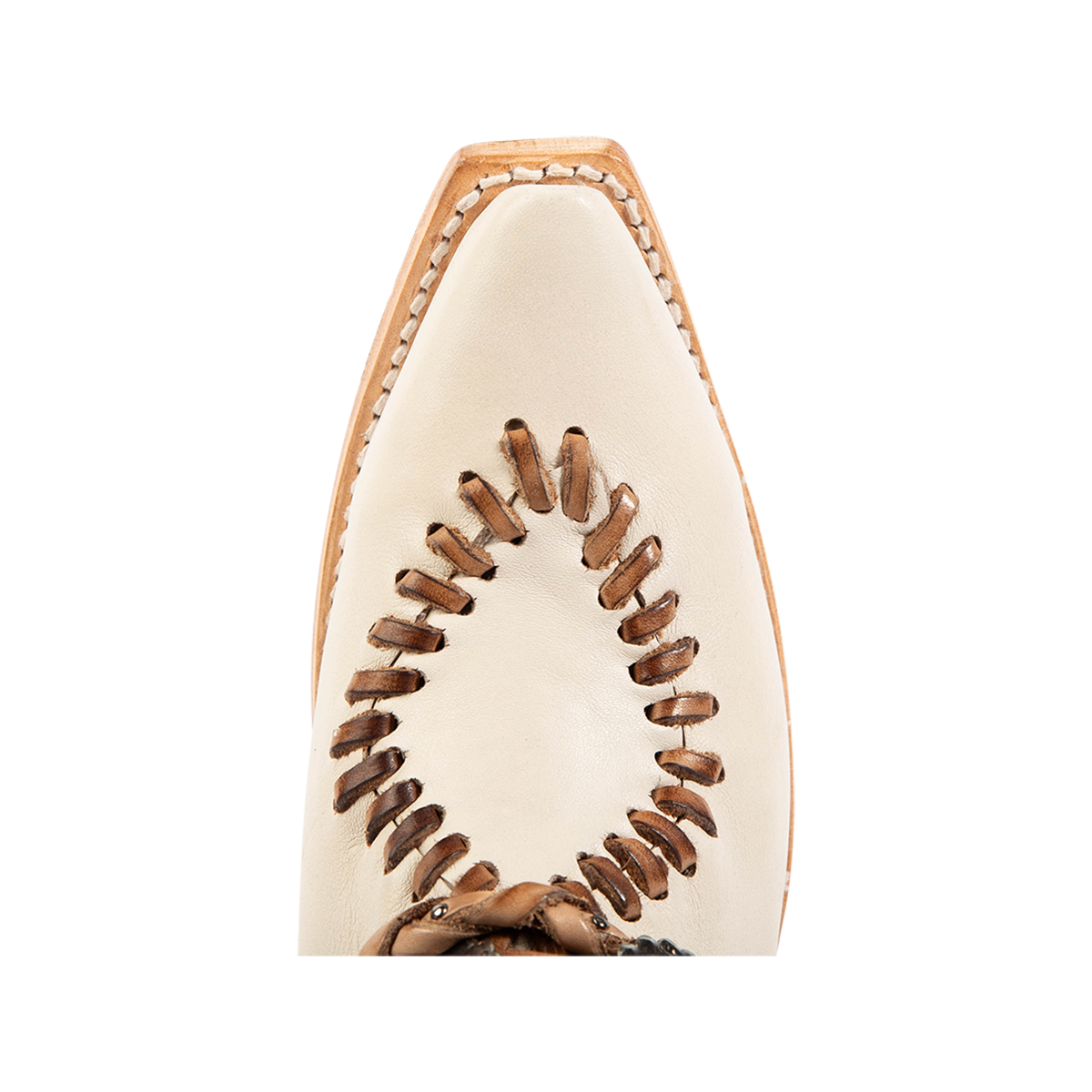 Top view showing whip stitch detailing and snip toe construction on FREEBIRD women's Whimsical off white leather bootie