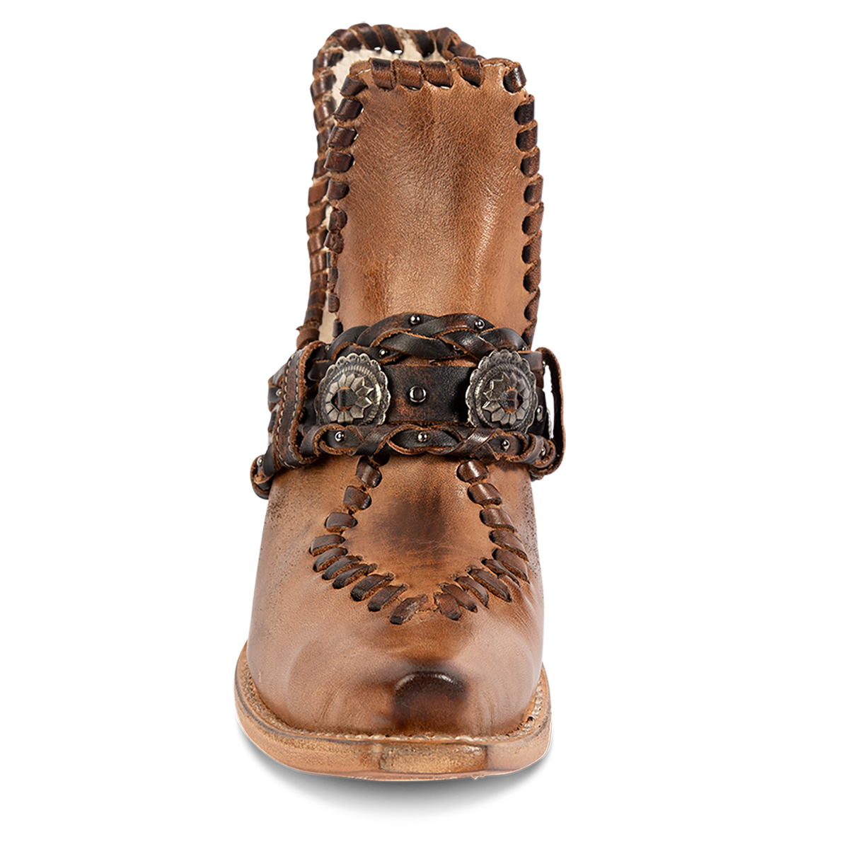 Front view FREEBIRD women's Whimsical natural leather bootie with whip stitch detailing, a leather belt and snip toe construction