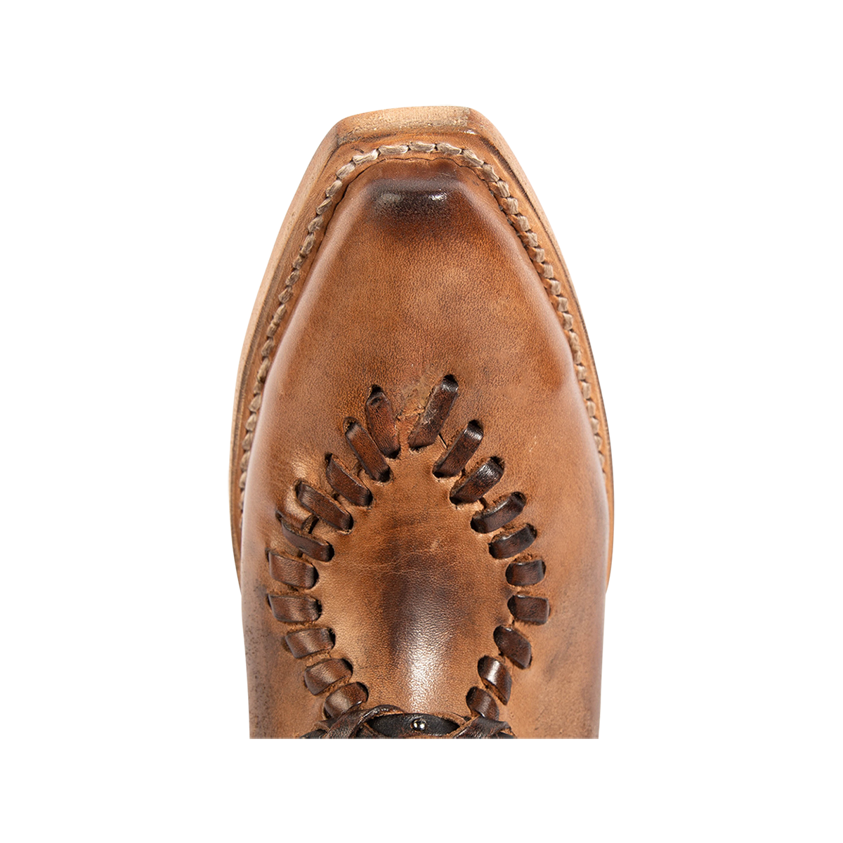 Top view showing whip stitch detailing and snip toe construction on FREEBIRD women's Whimsical tan leather bootie