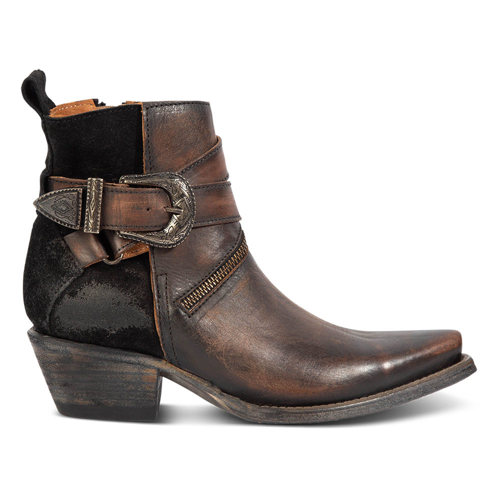 FREEBIRD women's Whip black leather ankle bootie with western buckle and pointed snip toe