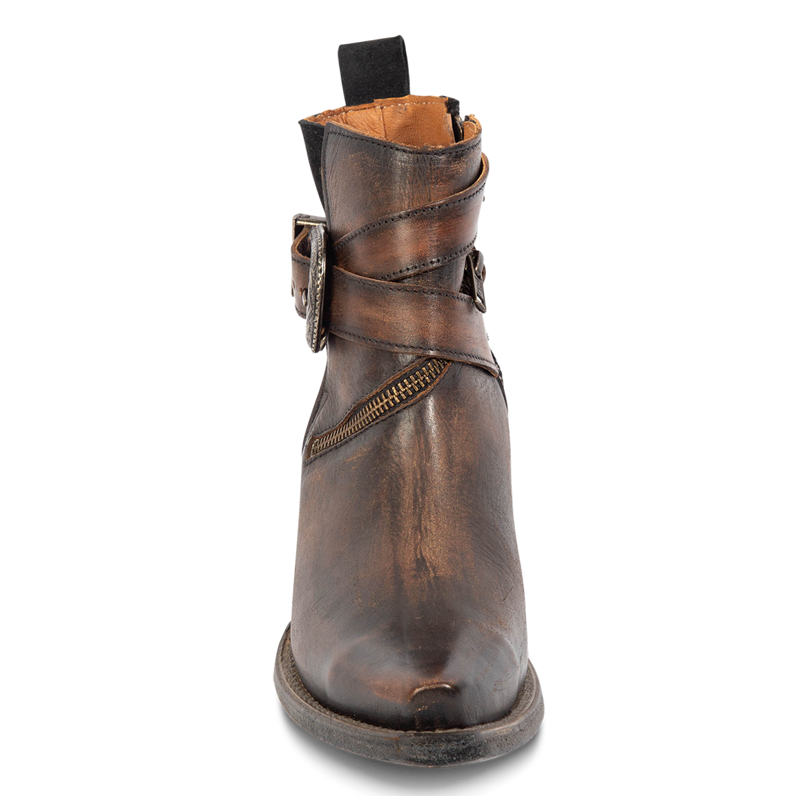 Front view showing pointed snip toe on FREEBIRD women's Whip black leather western ankle bootie