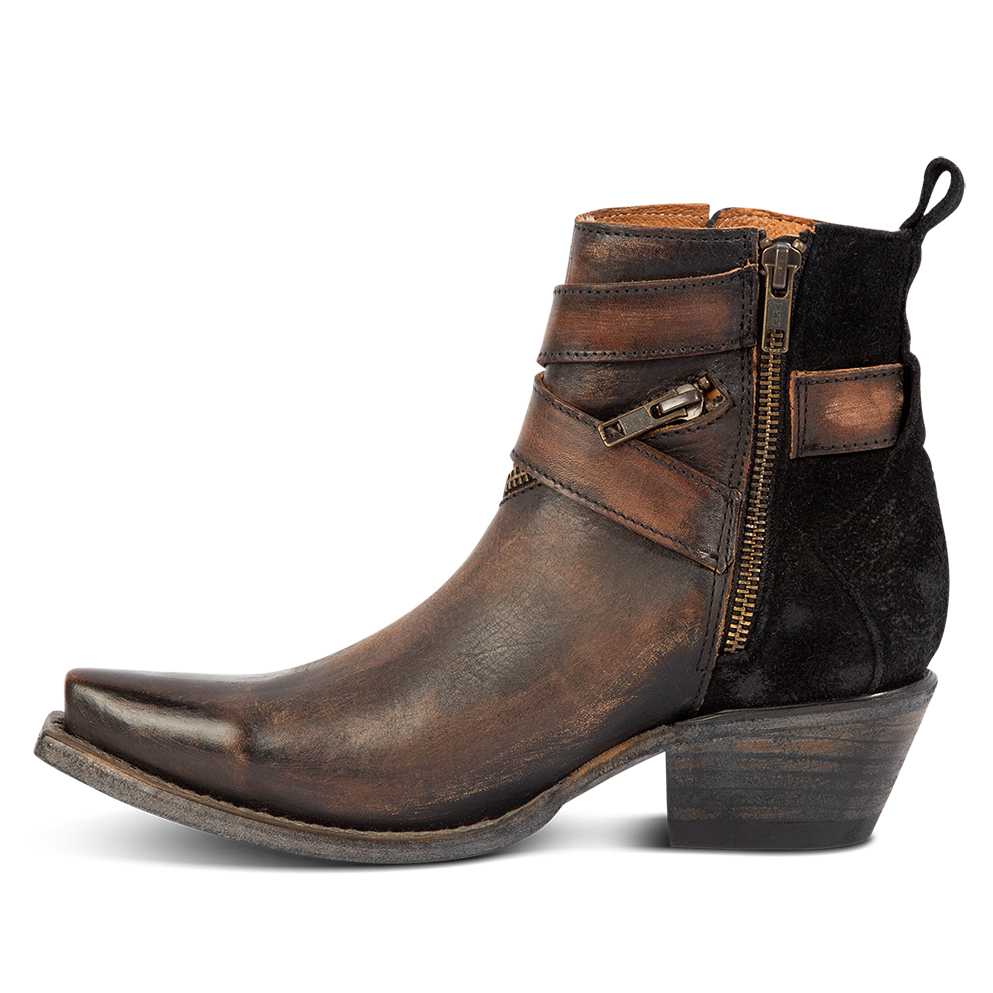 Inside view showing inside zip closure on FREEBIRD women's Whip black leather western ankle bootie 