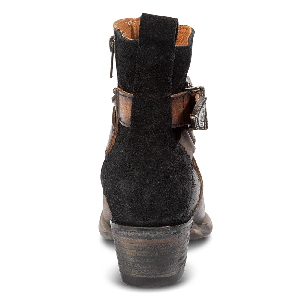 Back view showing low heel and pull strap on FREEBIRD women's Whip black leather western ankle bootie 