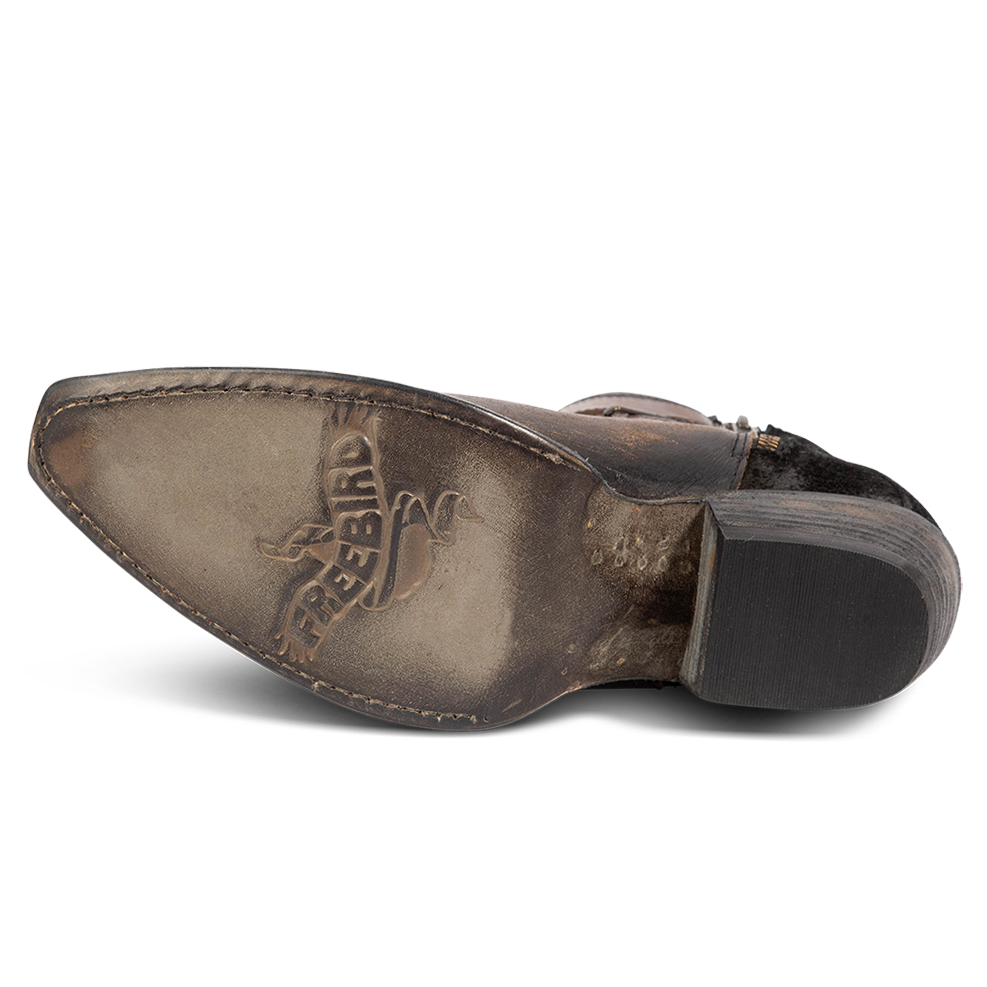 Leather sole imprinted with FREEBIRD on women's Whip black leather ankle bootie
