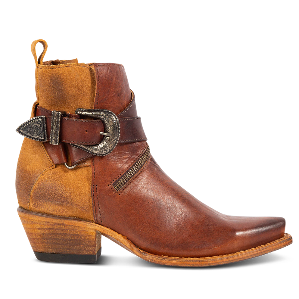 FREEBIRD women's Whip cognac leather ankle bootie with western buckle and pointed snip toe