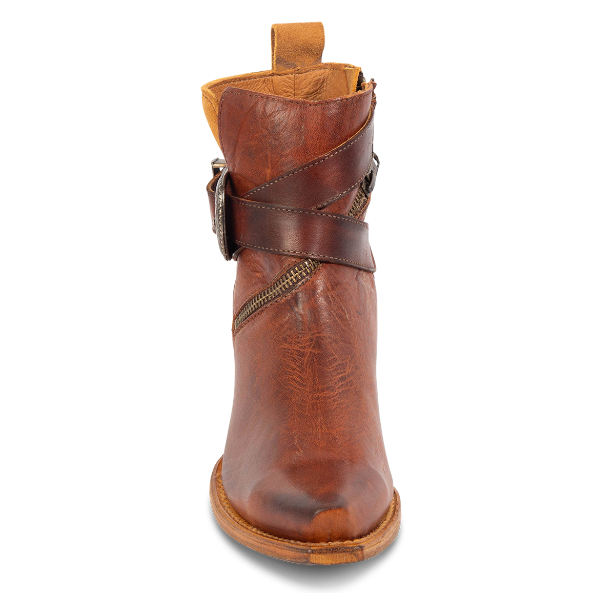 Front view showing pointed snip toe on FREEBIRD women's Whip cognac leather western ankle bootie