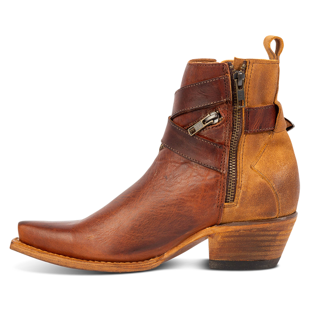 Inside view showing inside zip closure on FREEBIRD women's Whip cognac leather western ankle bootie