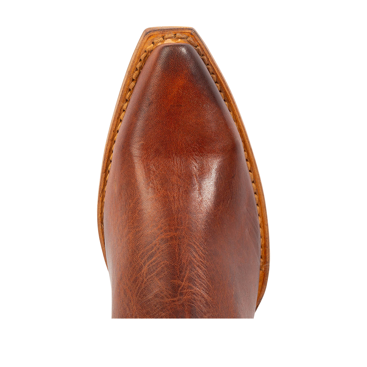 Top view showing pointed snip toe on FREEBIRD women's Whip cognac leather western ankle bootie