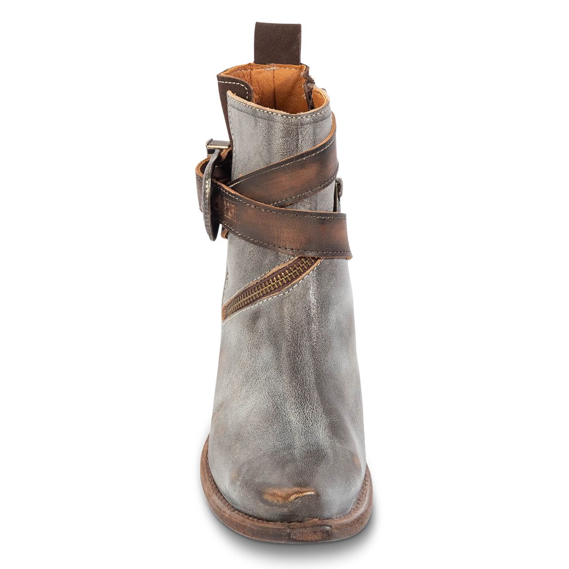 Front view showing pointed snip toe on FREEBIRD women's Whip ice multi leather western ankle bootie