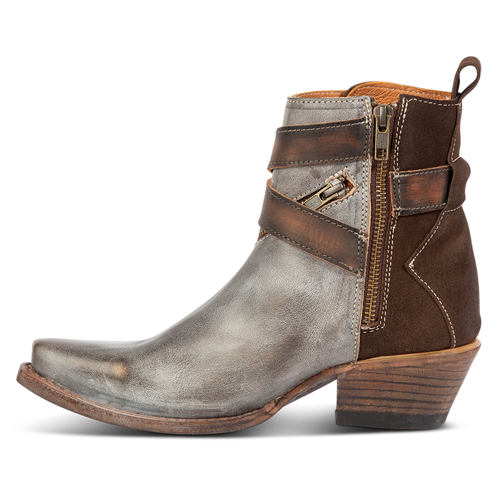 Inside view showing inside zip closure on FREEBIRD women's Whip ice multi leather western ankle bootie