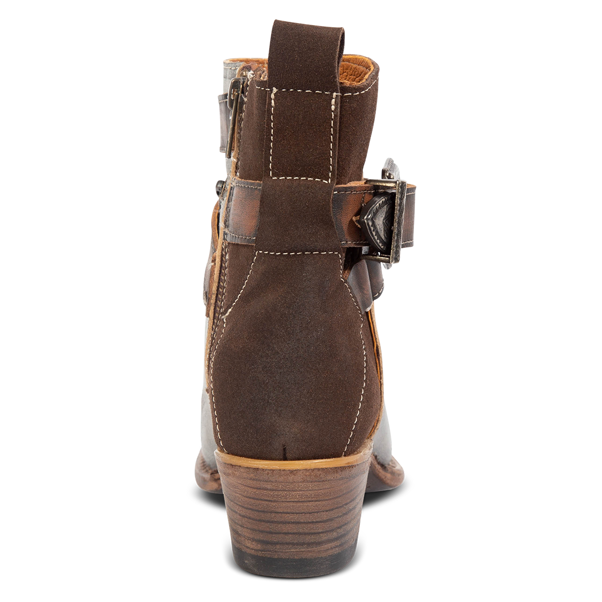 Back view showing low heel and pull strap on FREEBIRD women's Whip ice multi leather western ankle bootie