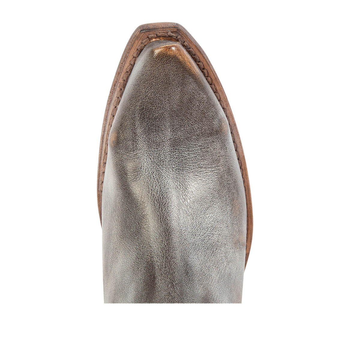 Top view showing pointed snip toe on FREEBIRD women's Whip ice multi leather western ankle bootie