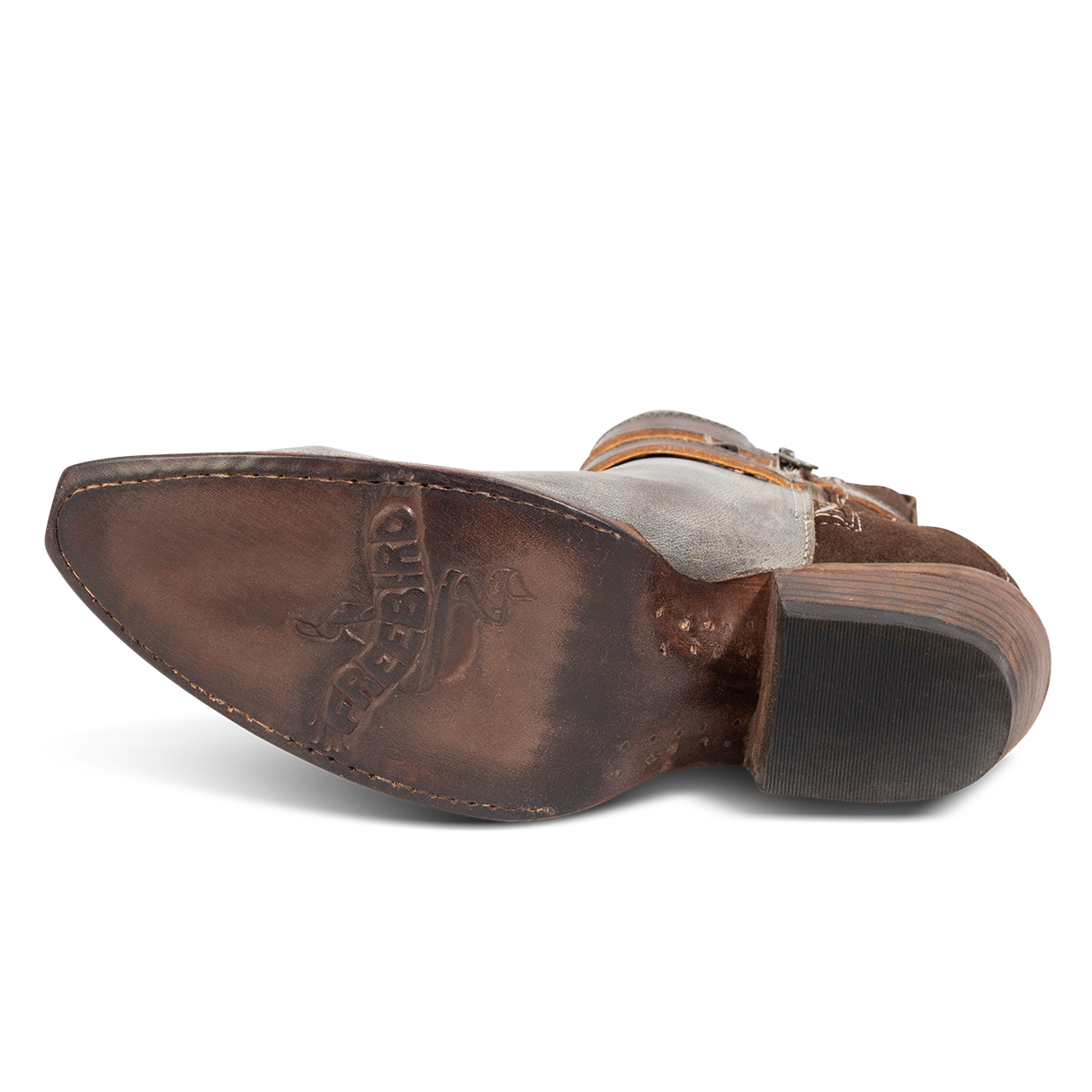 Leather sole imprinted with FREEBIRD on women's Whip ice multi leather ankle bootie