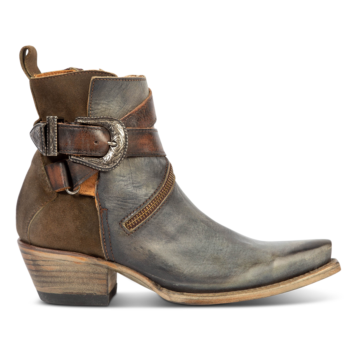 FREEBIRD women's Whip olive leather ankle bootie with western buckle and pointed snip toe