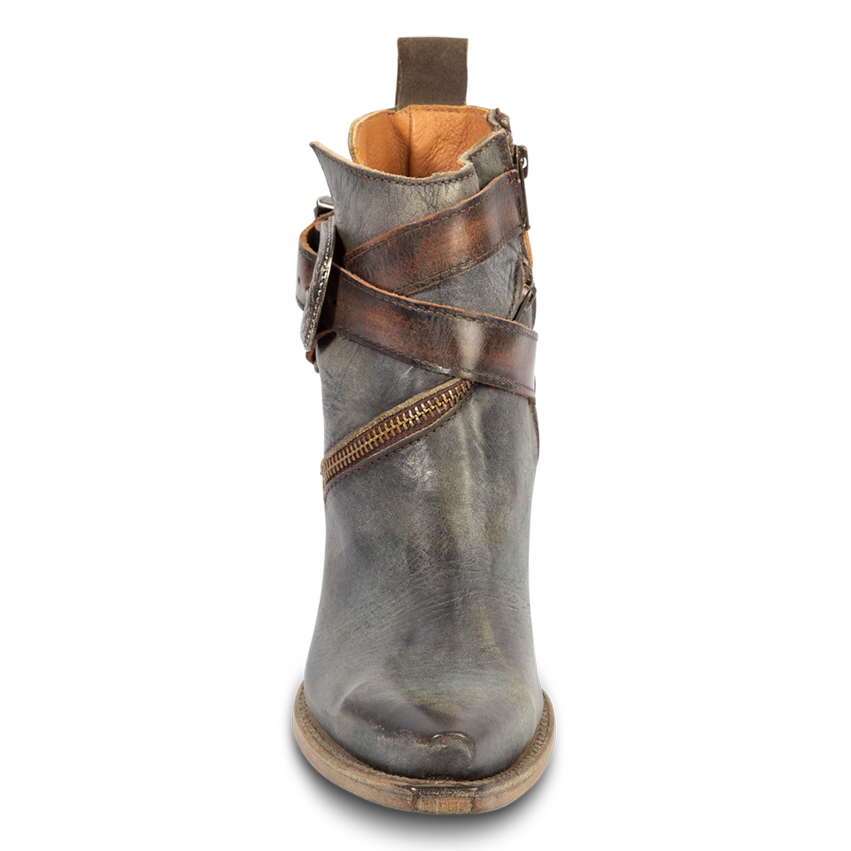Front view showing pointed snip toe on FREEBIRD women's Whip olive leather western ankle bootie