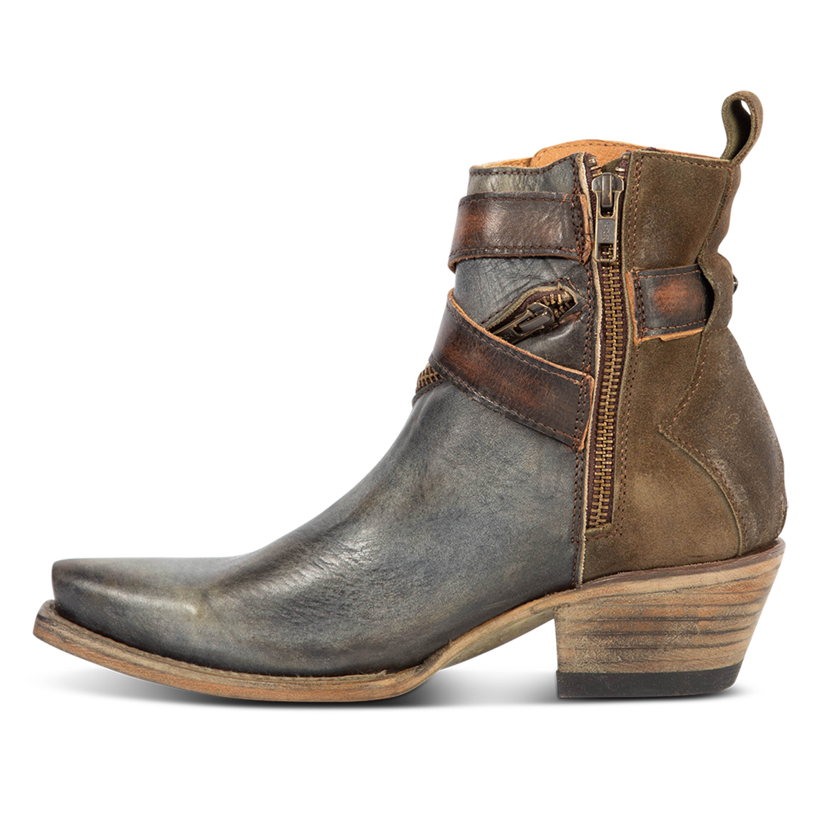 Inside view showing inside zip closure on FREEBIRD women's Whip olive leather western ankle bootie