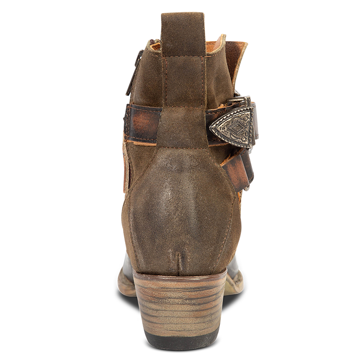 Back view showing low heel and pull strap on FREEBIRD women's Whip cogolivenac leather western ankle bootie