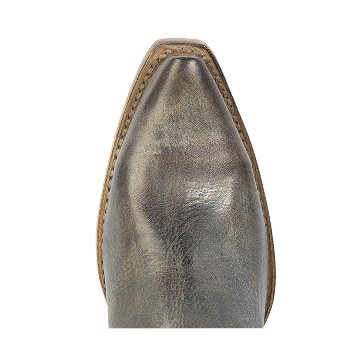 Top view showing pointed snip toe on FREEBIRD women's Whip olive leather western ankle bootie