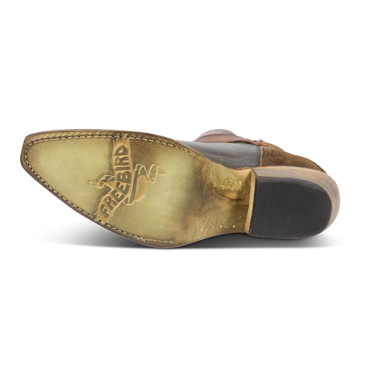Leather sole imprinted with FREEBIRD on women's Whip olive leather ankle bootie