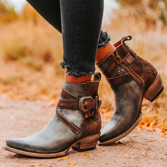 FREEBIRD women's Whip olive leather ankle bootie with western buckle and pointed snip toe