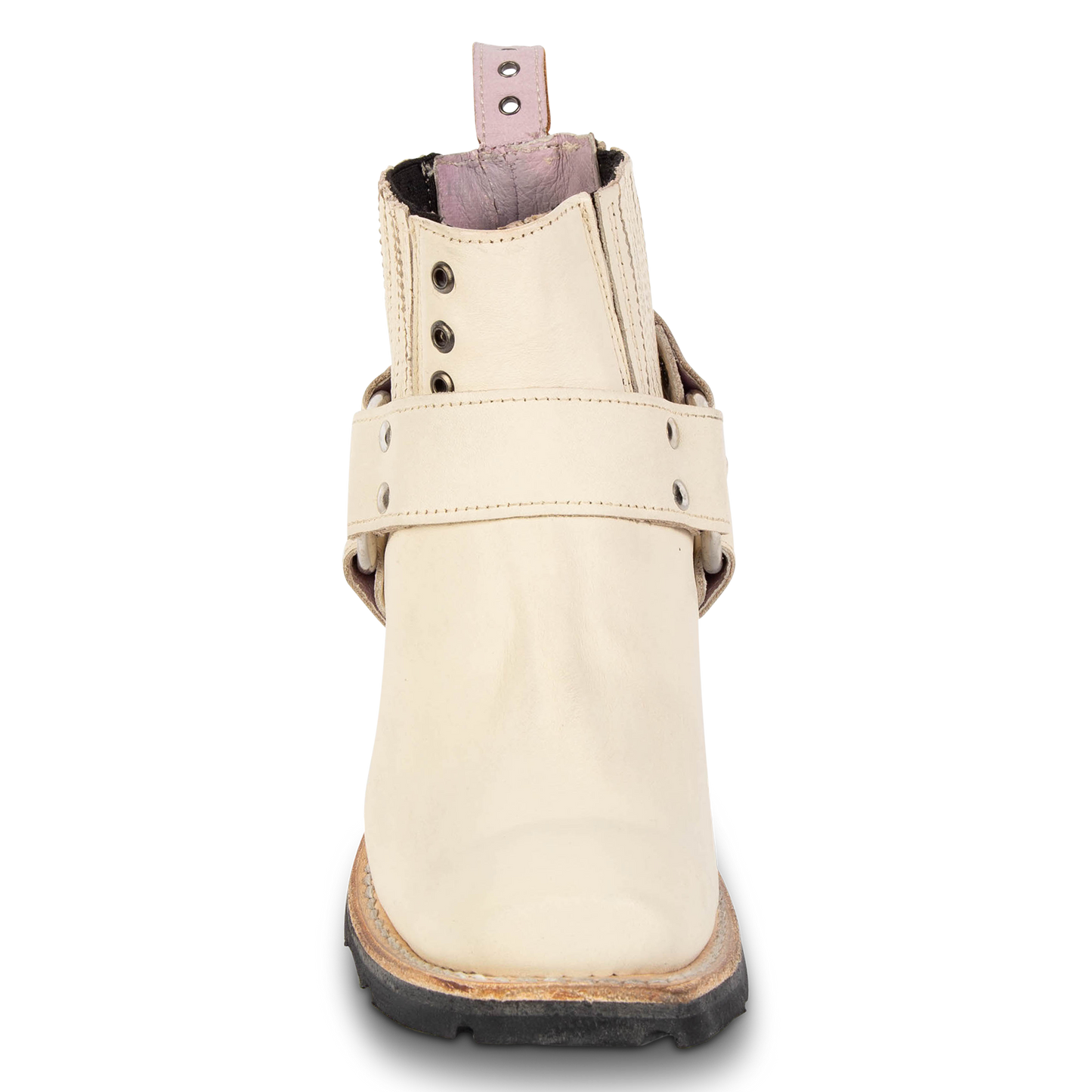 Front view showing leather ankle harness and brass hardware detailing on FREEBIRD women's Whiskey beige ankle bootie
