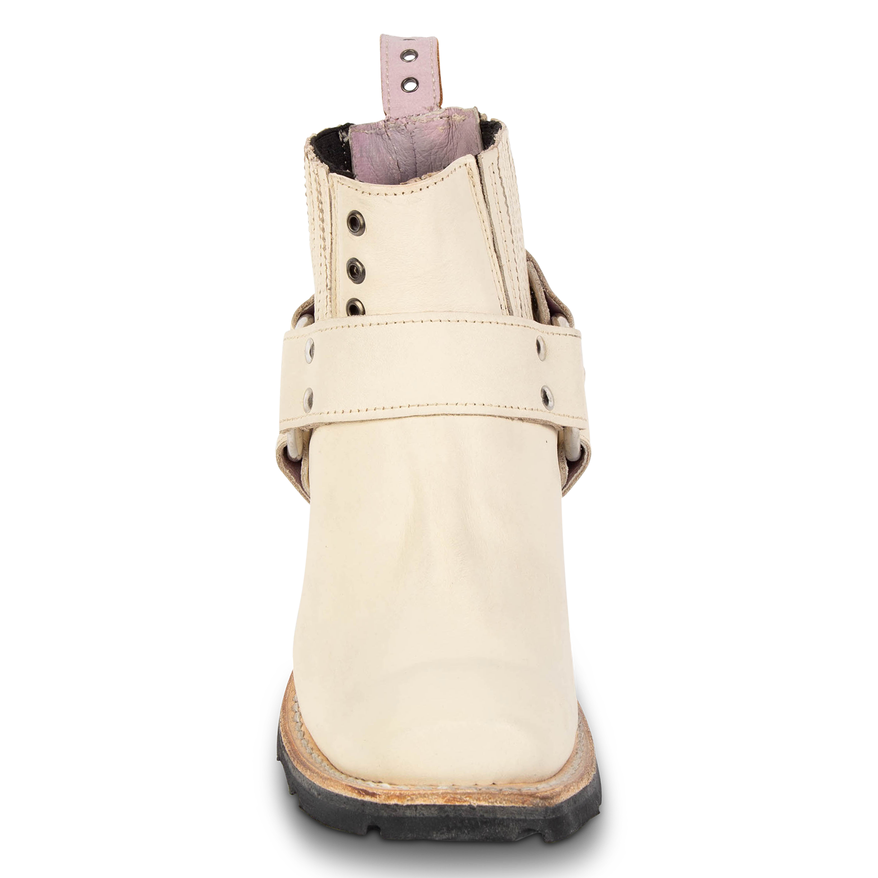 Front view showing leather ankle harness and brass hardware detailing on FREEBIRD women's Whiskey beige ankle bootie