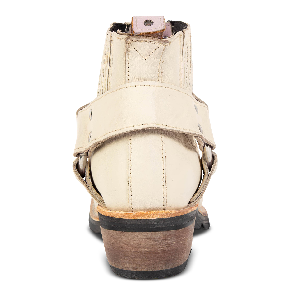 Back view showing leather ankle harness and red leather pull tab on FREEBIRD women's Whiskey beige ankle bootie