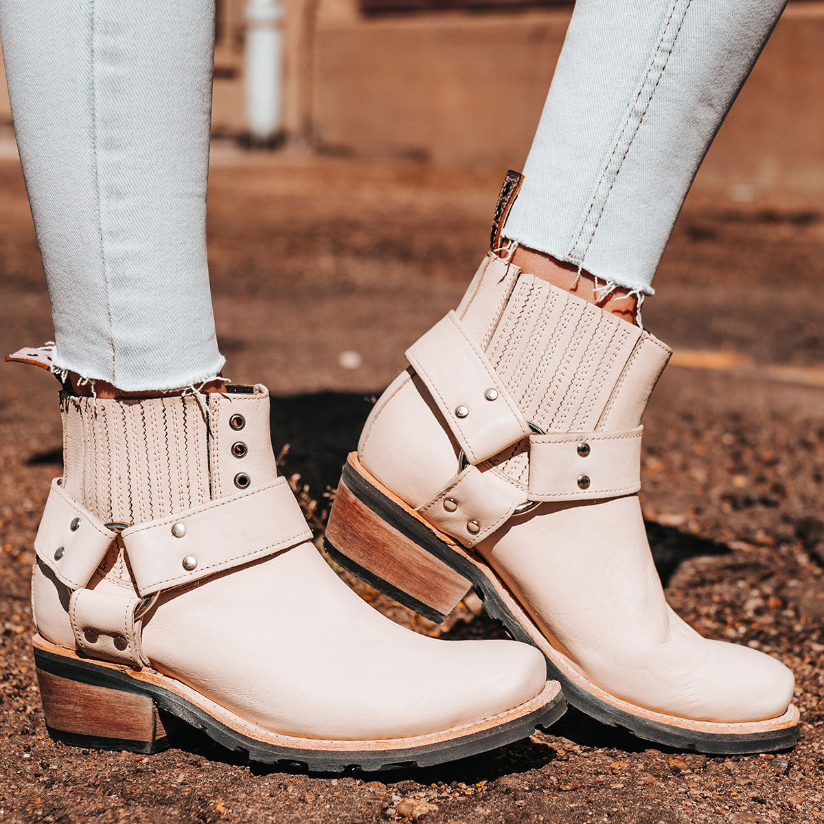 FREEBIRD women's Whiskey beige tire tread gore detailing ankle harness ankle bootie