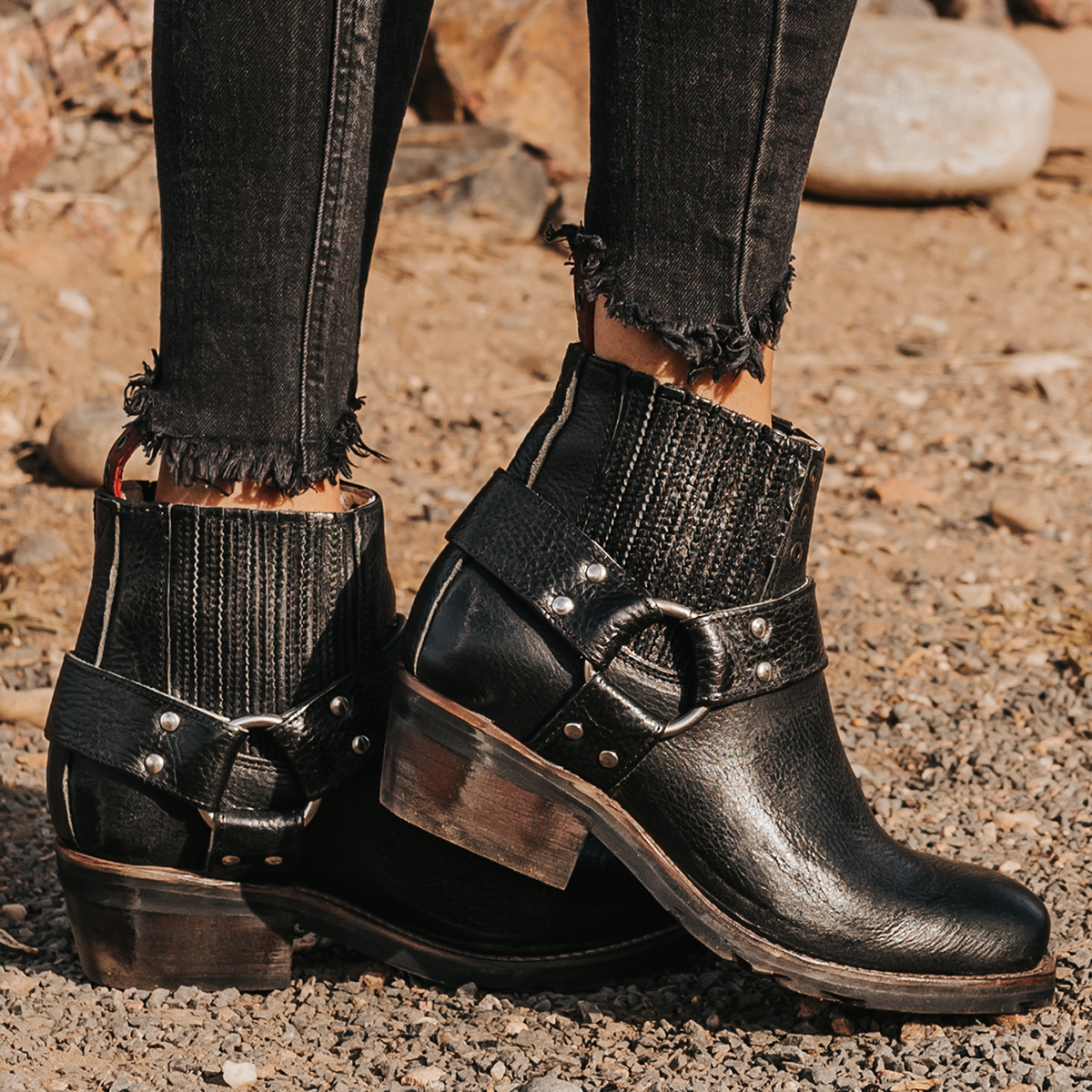 FREEBIRD women's Whiskey black tire tread gore detailing ankle harness ankle bootie