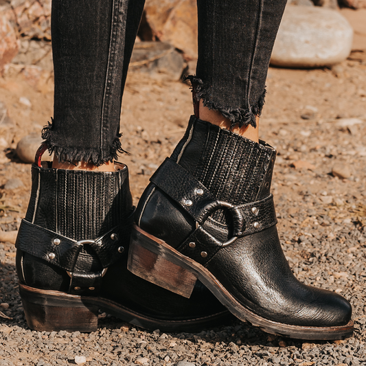 FREEBIRD women's Whiskey black tire tread gore detailing ankle harness ankle bootie