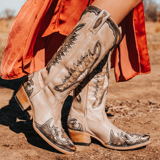FREEBIRD women's Willie beige ice multi leather western boot with textured design, stitch detailing, and snip toe construction