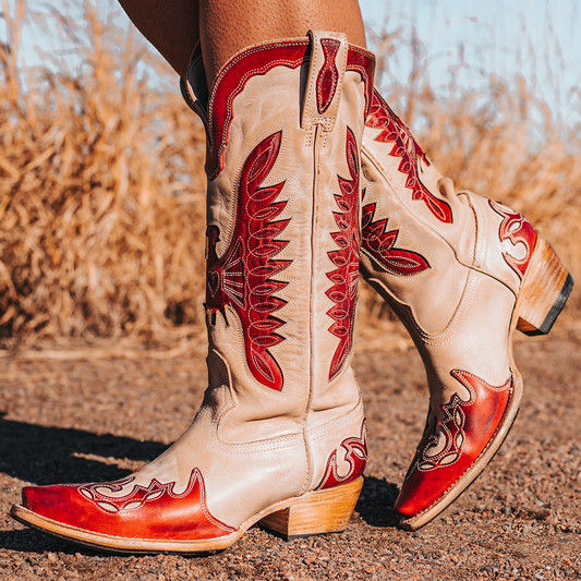 FREEBIRD women's Willie beige red multi leather western boot with textured design, stitch detailing, and snip toe construction