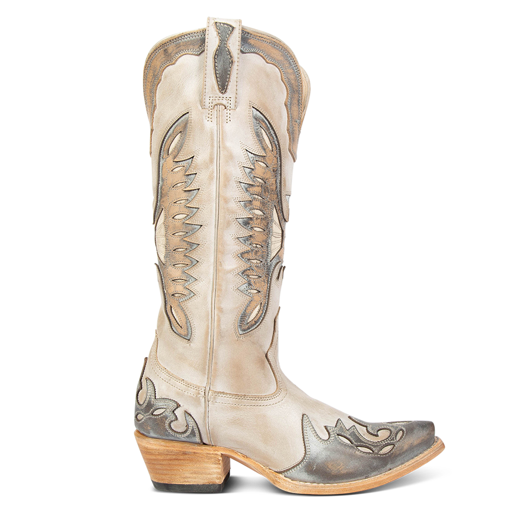 FREEBIRD women's Willie beige ice multi leather western boot with textured design, stitch detailing, and snip toe construction