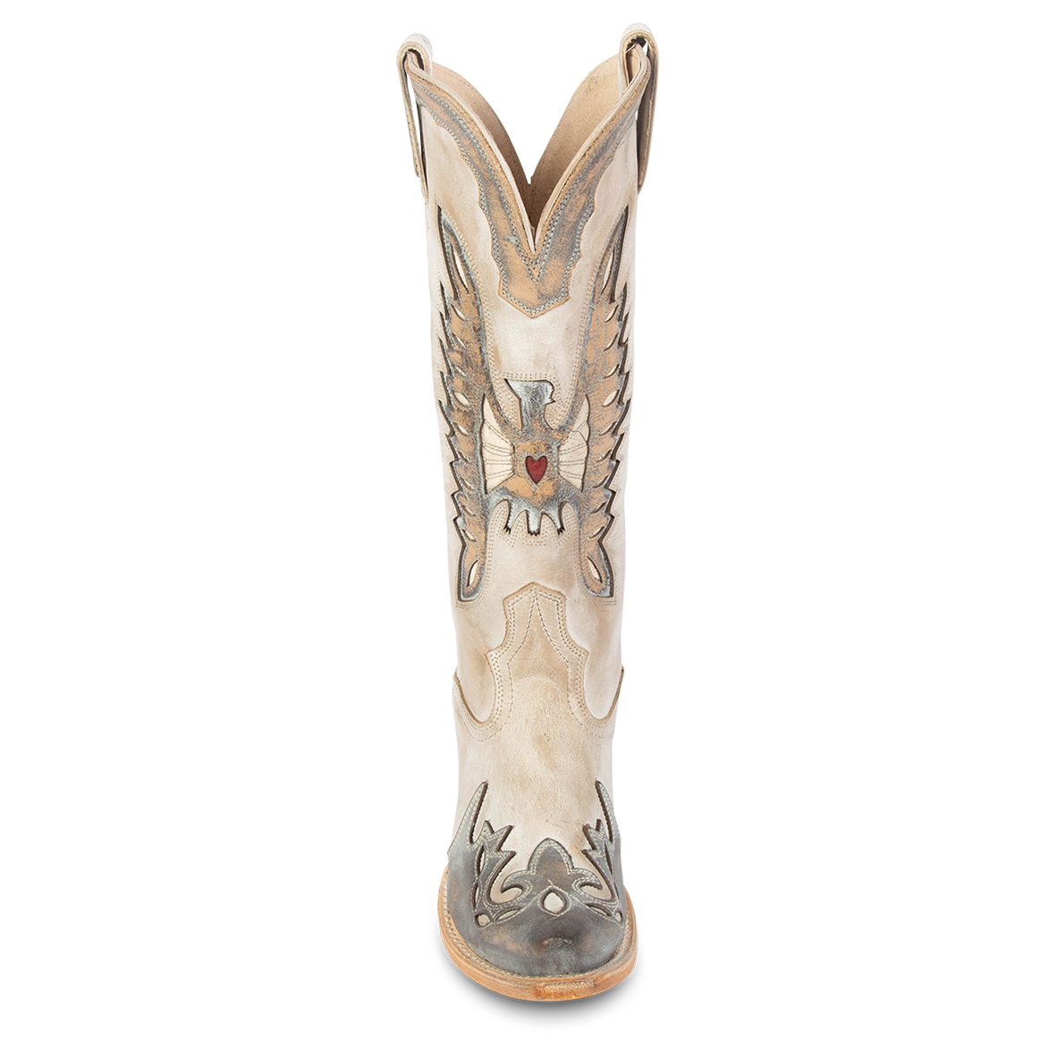 Front view showing textured bird design, stitch detailing and front dip on FREEBIRD women's Willie beige ice multi western leather boot