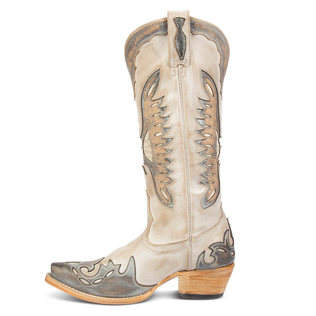 Side view showing textured design, stitch detailing and pull straps on FREEBIRD women's Willie beige ice multi western leather boot