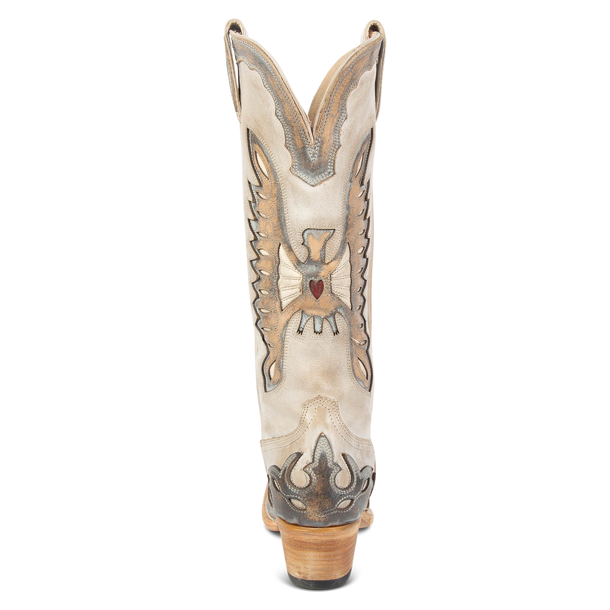 Back view showing textured bird design, stitch detailing and back dip on FREEBIRD women's Willie beige ice multi western leather boot