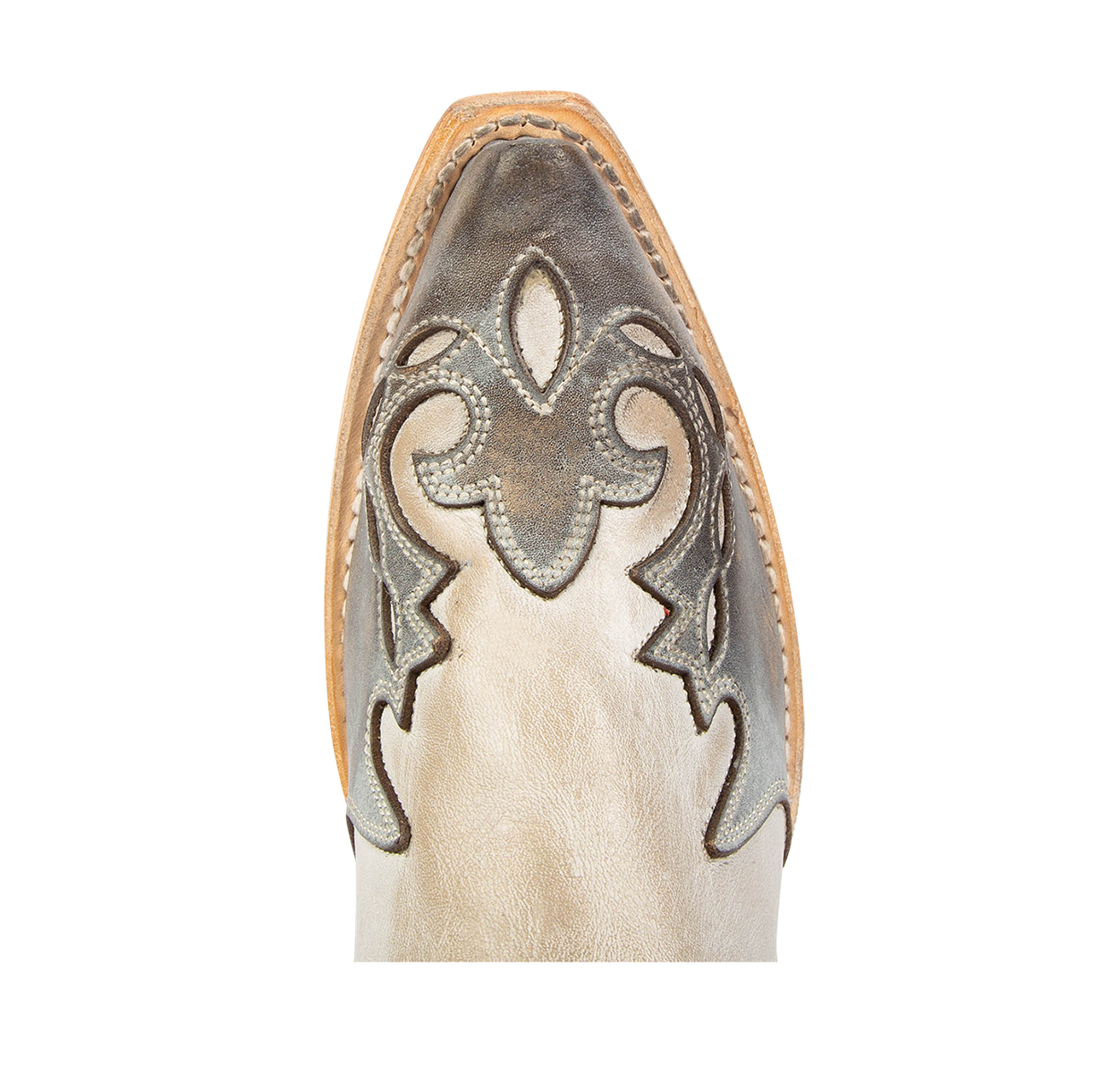 Top view showing snip toe construction with stitch detailing on FREEBIRD women's Willie beige ice multi western leather boot