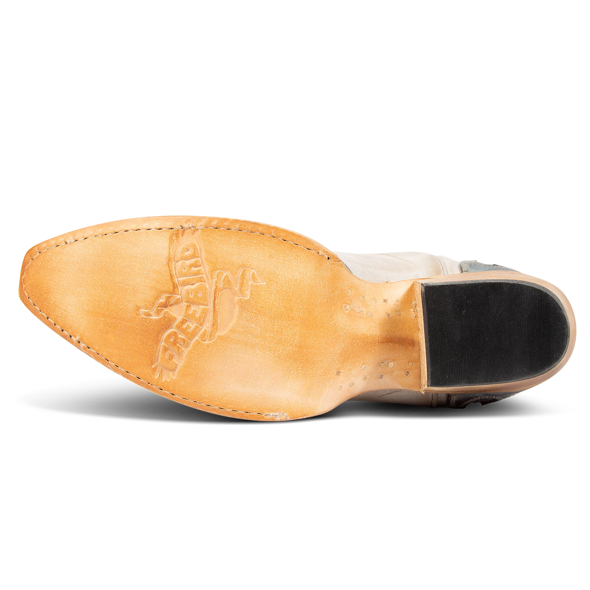 Leather sole imprinted with FREEBIRD on women's Willie beige ice multi western leather boot