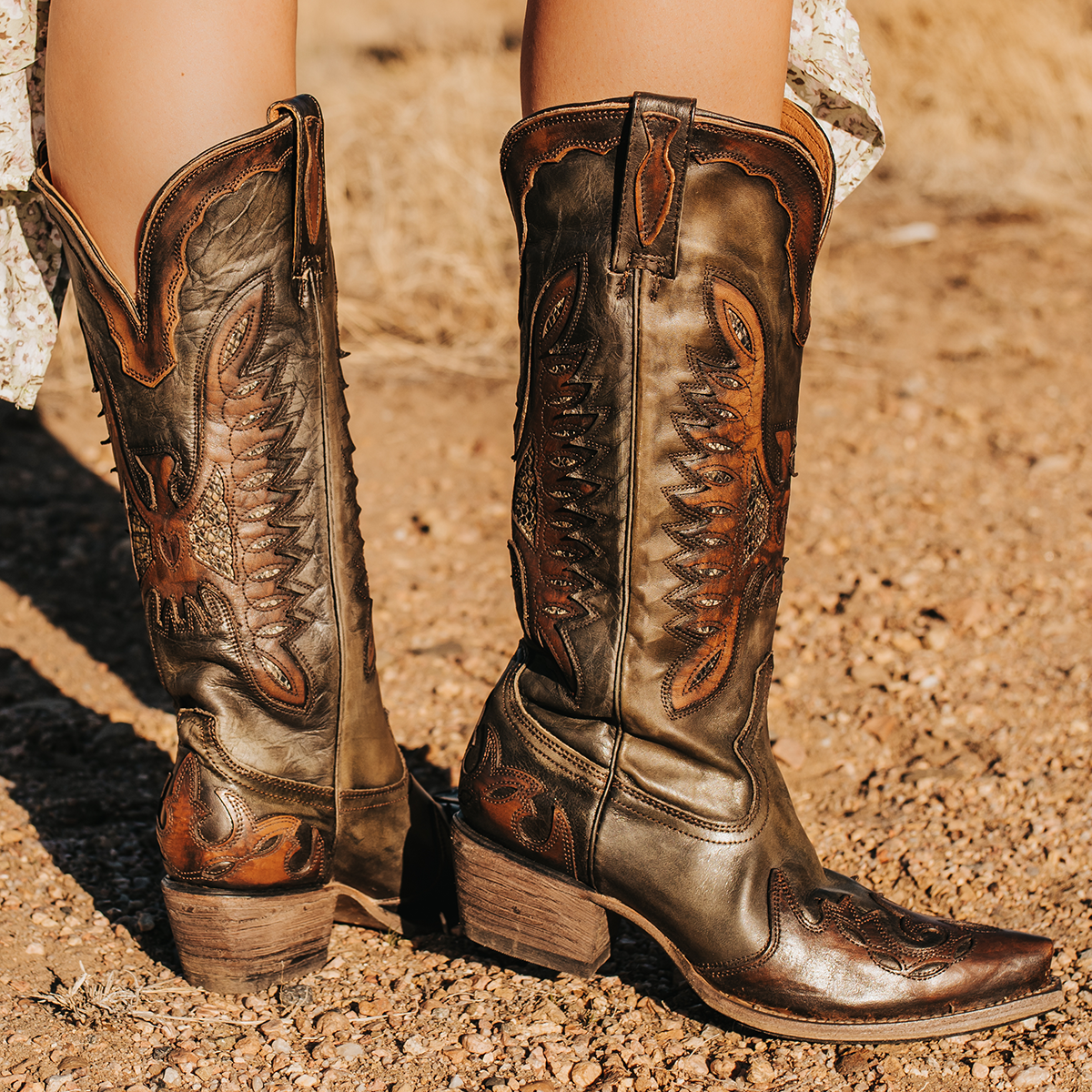 FREEBIRD women's Willie green multi leather western boot with textured design, stitch detailing, and snip toe construction