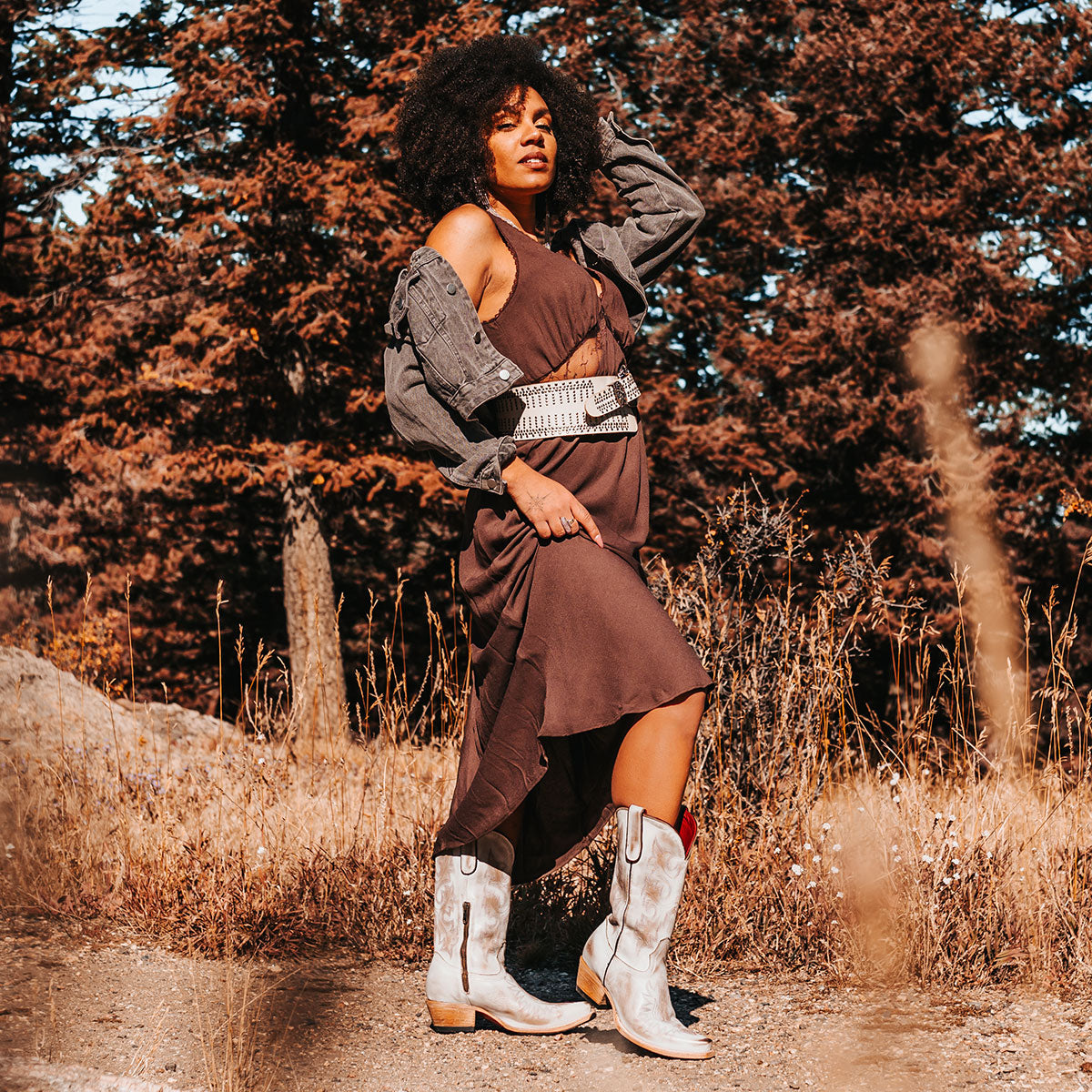 FREEBIRD women's Wilson beige leather western boot with snip toe construction, intricate shaft and toe stitching, and half zip closure lifestyle