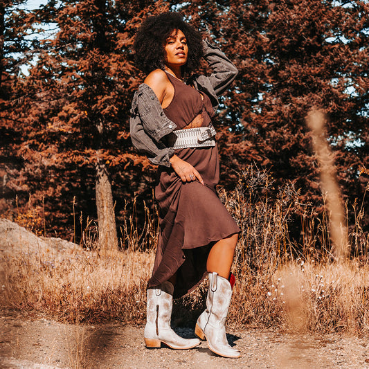 FREEBIRD women's Wilson beige leather western boot with snip toe construction, intricate shaft and toe stitching, and half zip closure lifestyle