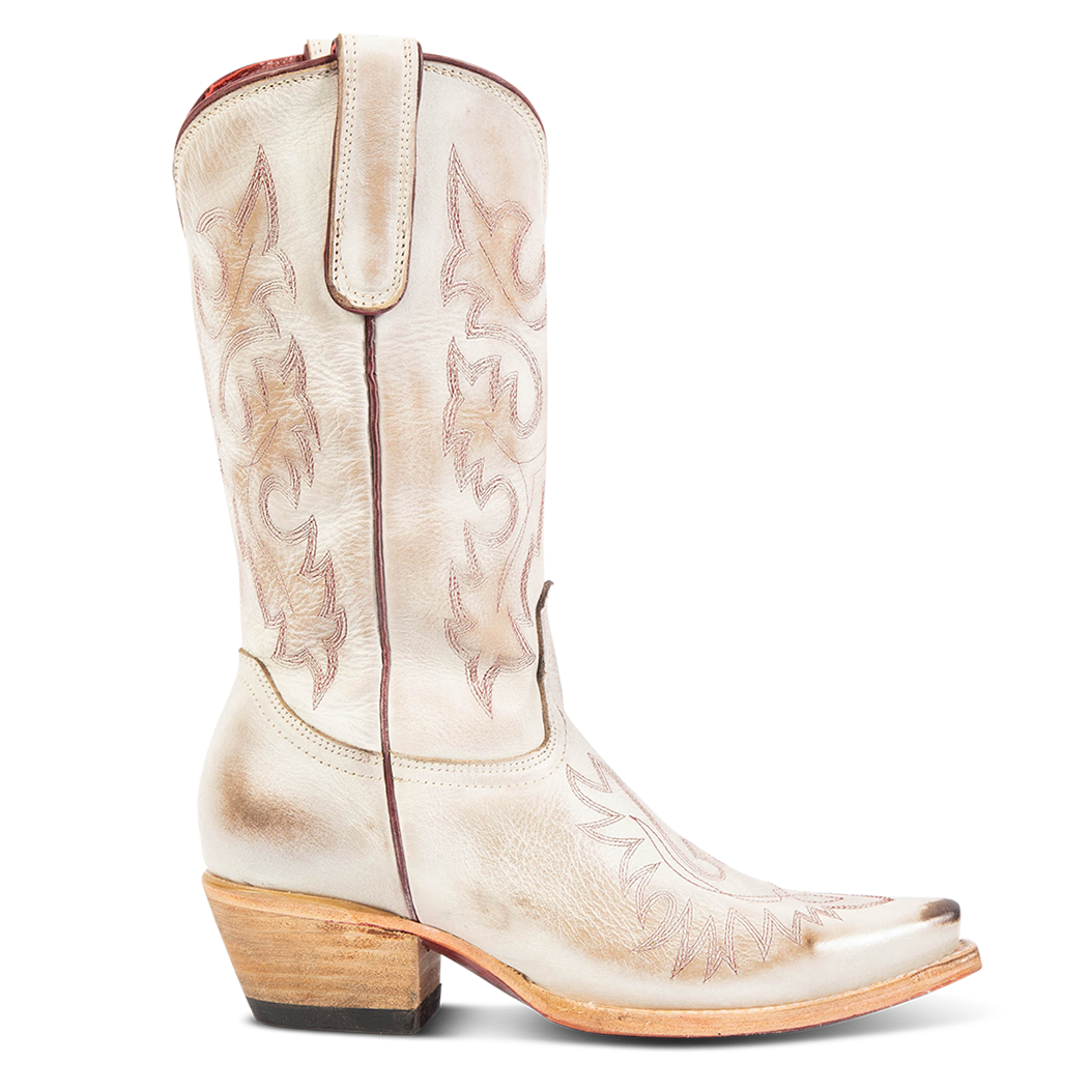 FREEBIRD women's Wilson beige leather western boot with snip toe construction, intricate shaft and toe stitching, and exterior pull strap