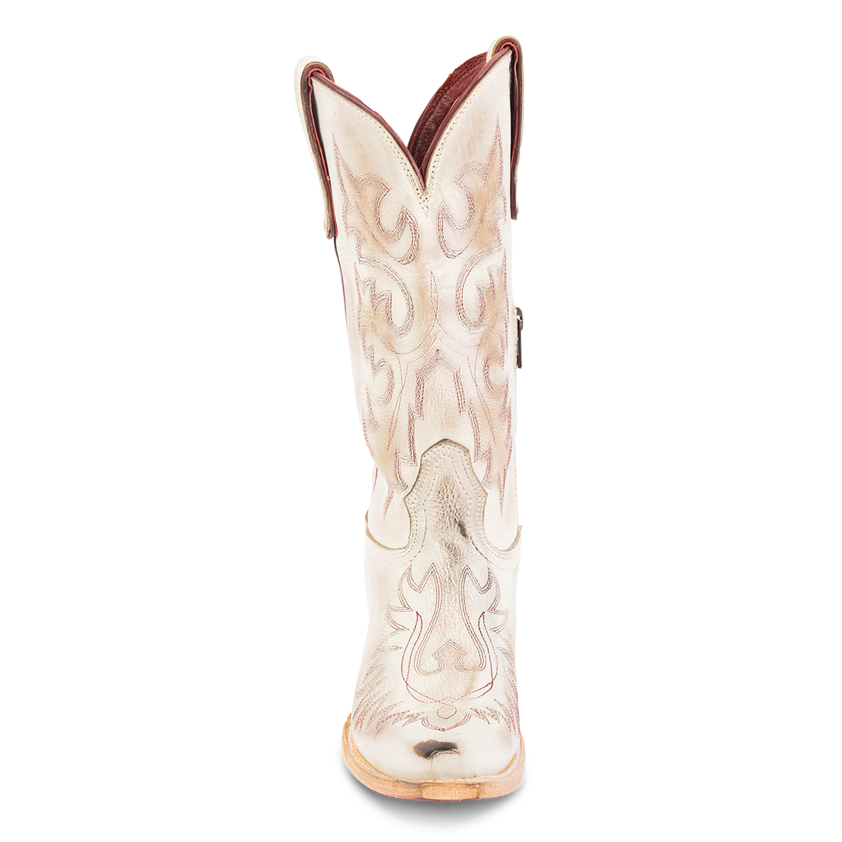 Front view showing FREEBIRD women's Wilson beige leather western boot with snip toe construction and intricate shaft and toe stitching