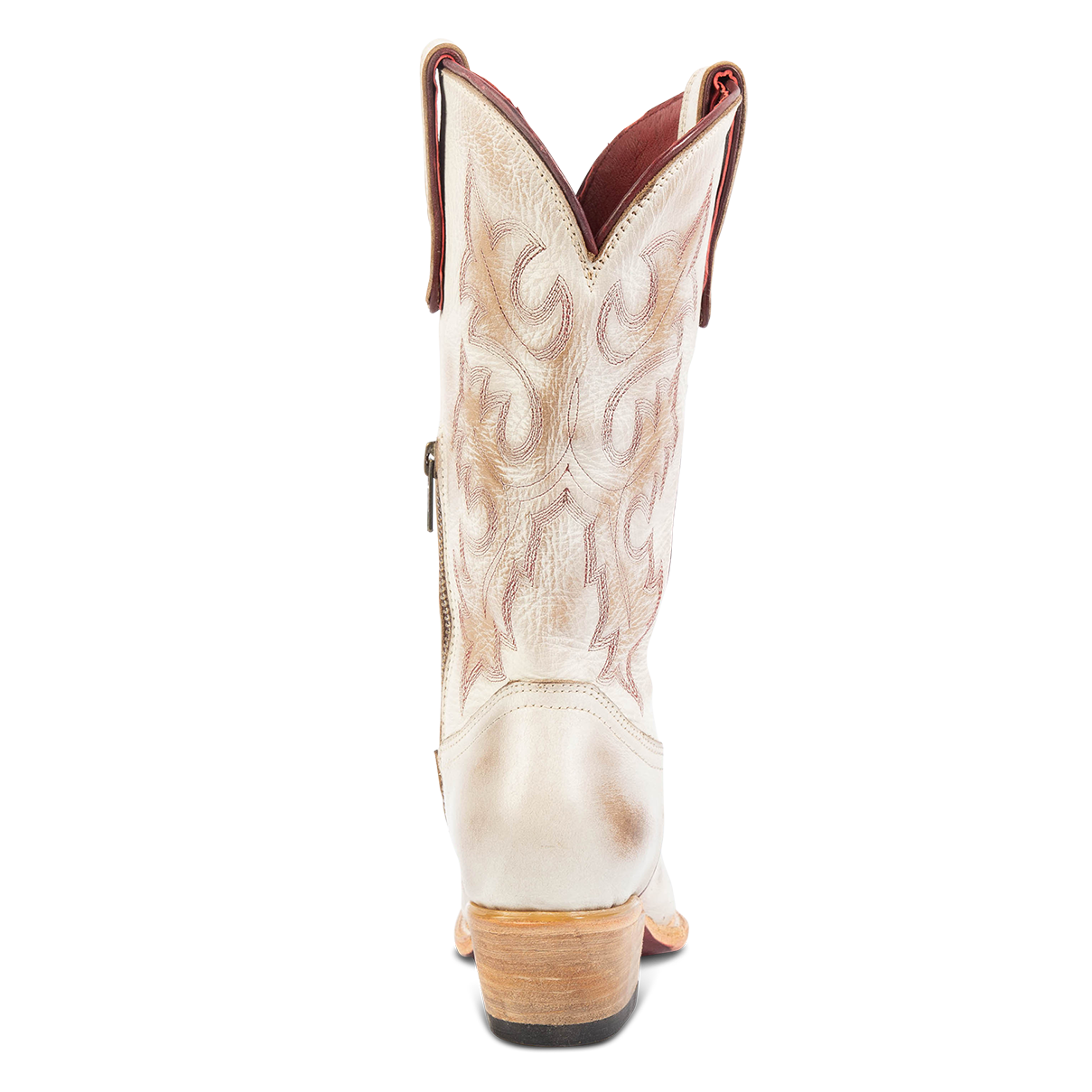 Back view showing intricate stitching and low heel on FREEBIRD women's Wilson beige leather western boot
