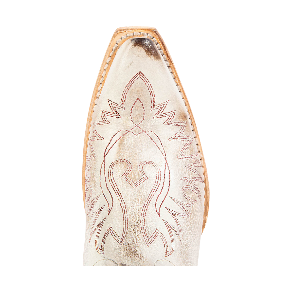 Top view showing snip toe construction and contrasting toe stitching on FREEBIRD women's Wilson beige leather western boot