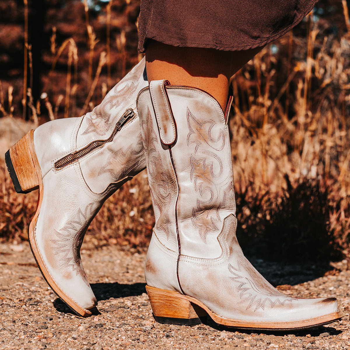 FREEBIRD women's Wilson beige leather western boot with snip toe construction, intricate shaft and toe stitching, and half zip closure